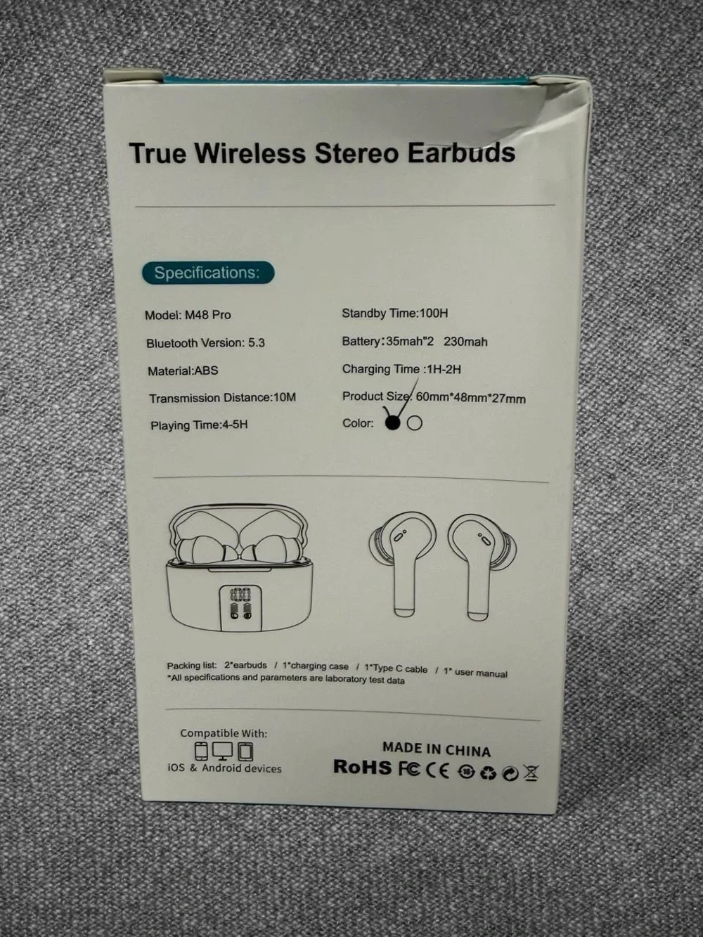 M48 Pro True Wireless Stereo Earbuds Bluetooth 5.3 Charging Case Black